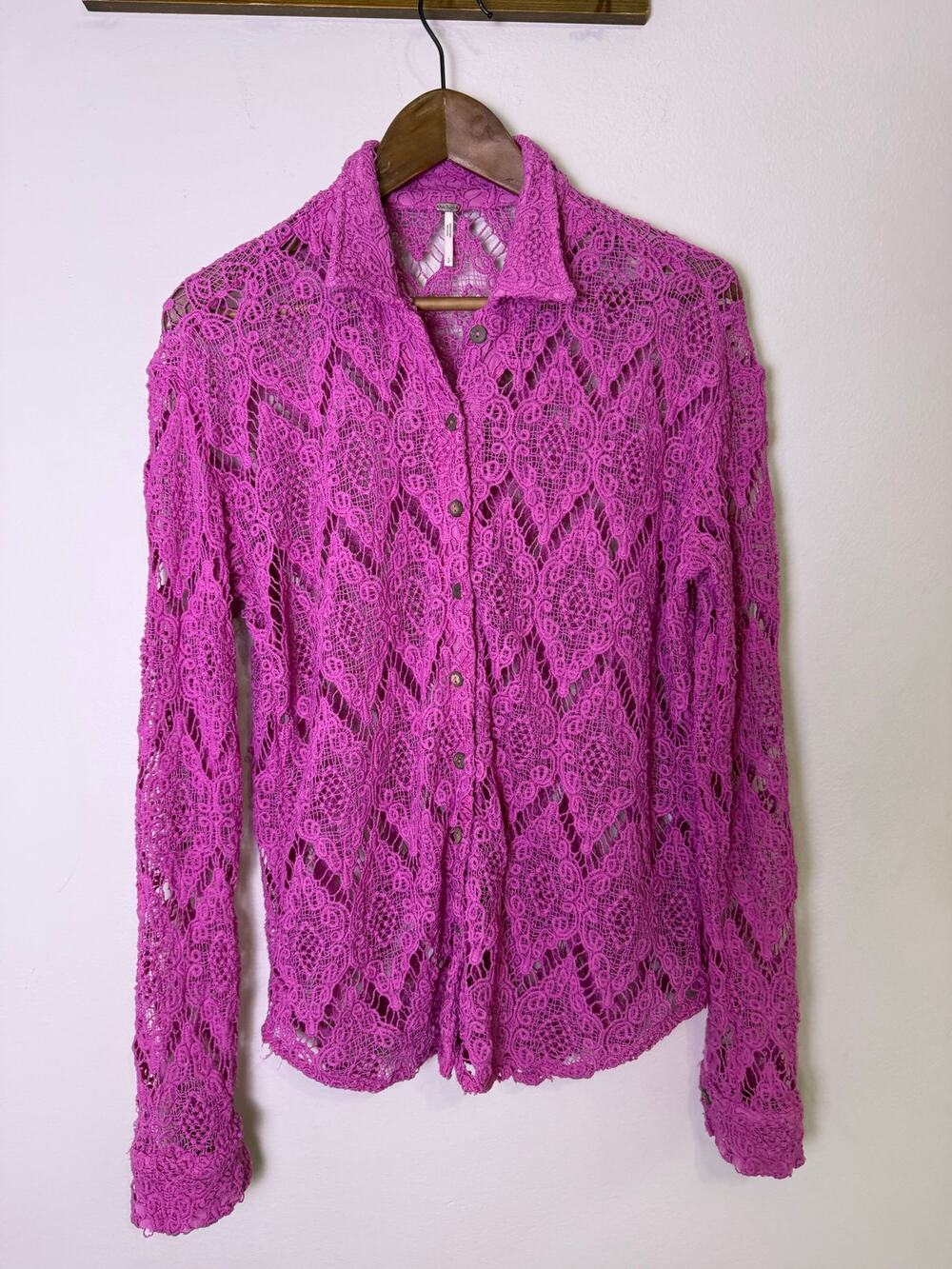 Free People Until Sundown Shirt Small Pink Floral Lace Button Front Boho
